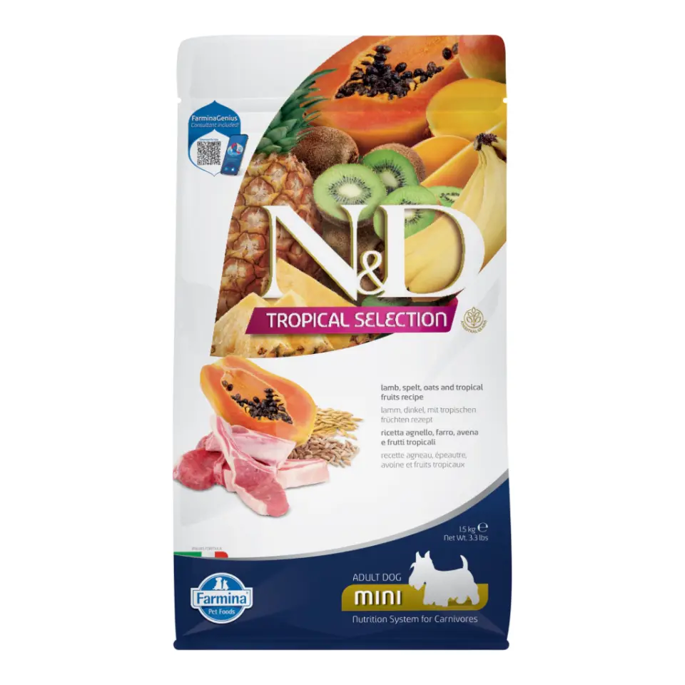 ND Tropical Selection Kuzu Etli ve Tropikal Meyveli Mini Irk Yetişkin Köpek Maması 1,5kg