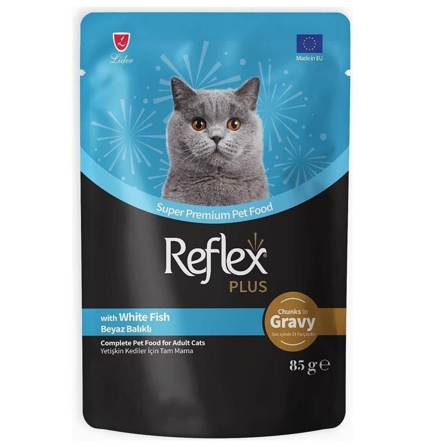 REFLEX PLUS JÖLE IÇINDE ET PARÇACIKLI BEYAZ BALIKLI KEDI YAŞ MAMA POUCH 85 GR