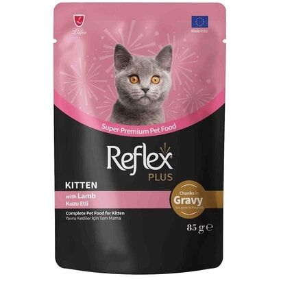 REFLEX PLUS JÖLE IÇINDE ET PARÇACIKLI KUZU ETLI YAVRU KEDI YAŞ MAMA POUCH 85 GR
