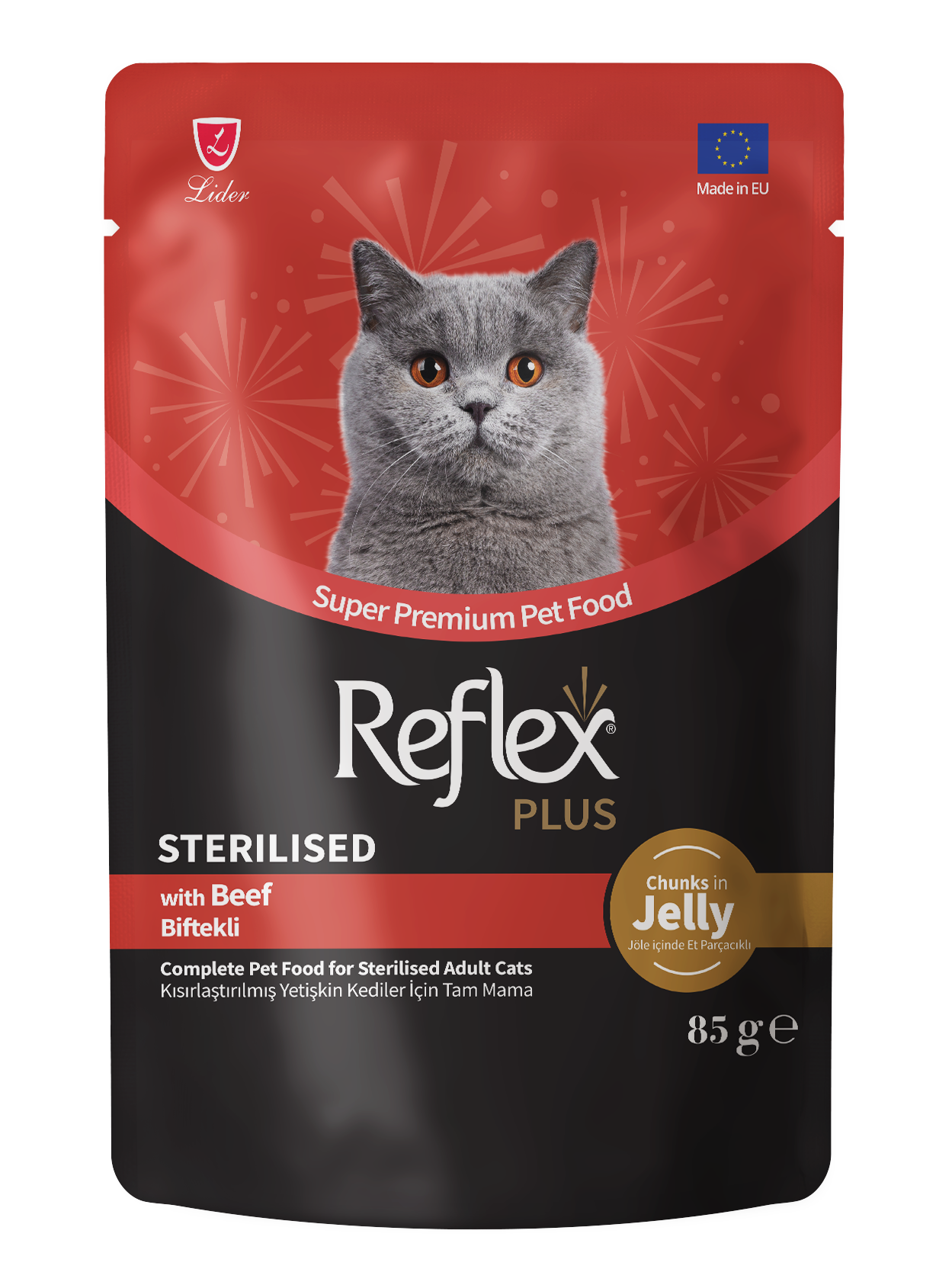 REFLEX PLUS JÖLE IÇINDE ET PARÇACIKLI BIFTEKLI KISIRLASTIRILMIS KEDI MAMASI 85 GR