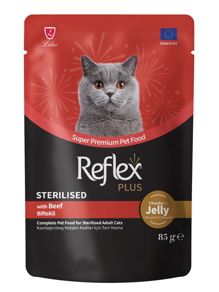 REFLEX PLUS JÖLE IÇINDE ET PARÇACIKLI BIFTEKLI KISIRLASTIRILMIS KEDI MAMASI 85 GR