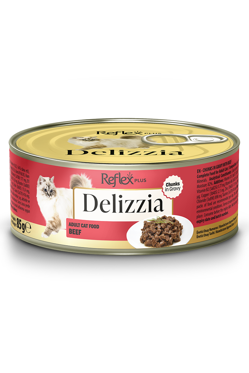 REFLEX PLUS DELIZZIA GRAVY SOSLU DANA ETLI YETISKIN KEDI KONSERVESI 85GR