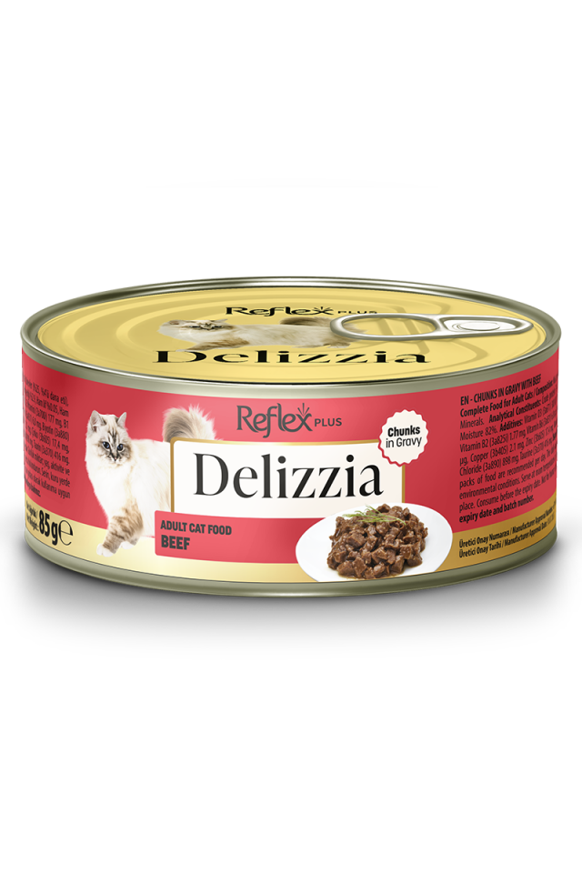 REFLEX PLUS DELIZZIA GRAVY SOSLU DANA ETLI YETISKIN KEDI KONSERVESI 85GR