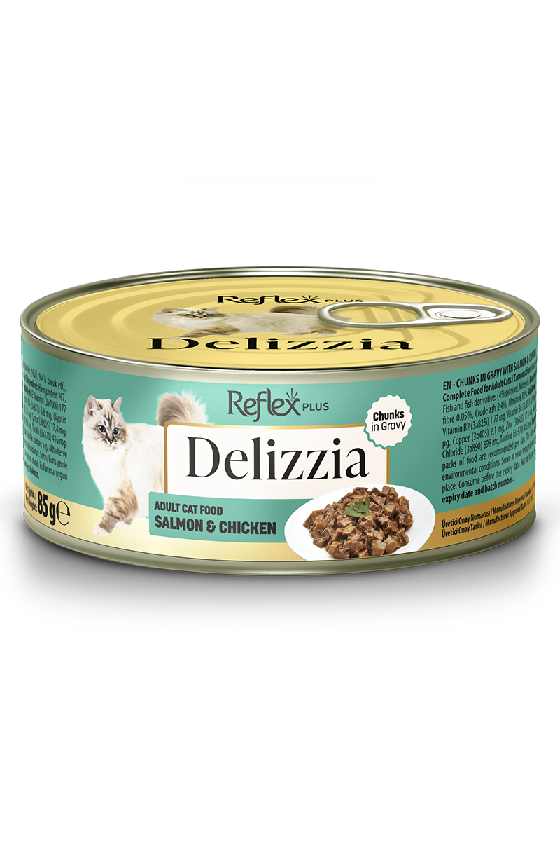REFLEX PLUS DELIZZIA GRAVY SOSLU SOMON VE TAVUKLU KEDI KONSERVESI 85 GR