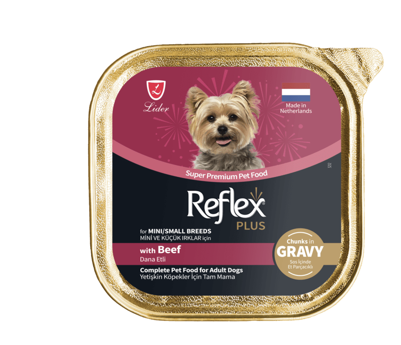 REFLEX PLUS SOS İÇİNDE ET PARÇACIKLI DANA ETLİ MİNİ  YETİŞKİN KÖPEK MAMASI 85 G